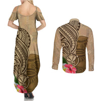 Hawaii Kanaloa Tiki Couples Matching Summer Maxi Dress and Long Sleeve Button Shirt Polynesian Tattoo and Tapa Pattern