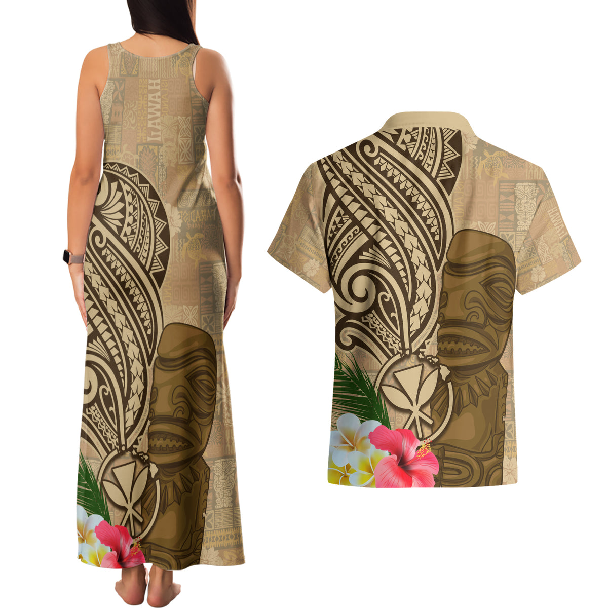 Hawaii Kanaloa Tiki Couples Matching Tank Maxi Dress and Hawaiian Shirt Polynesian Tattoo and Tapa Pattern