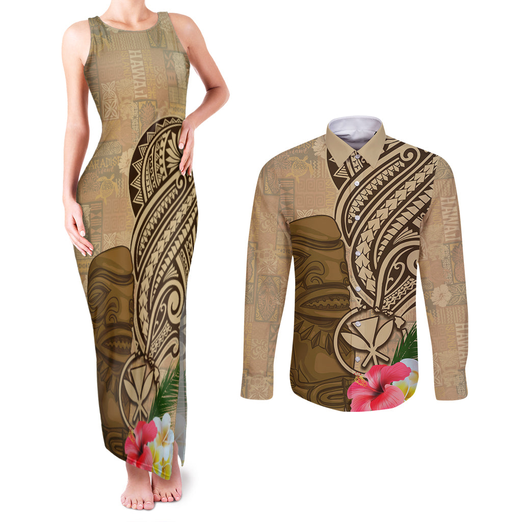 Hawaii Kanaloa Tiki Couples Matching Tank Maxi Dress and Long Sleeve Button Shirt Polynesian Tattoo and Tapa Pattern