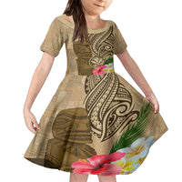 Hawaii Kanaloa Tiki Family Matching Long Sleeve Bodycon Dress and Hawaiian Shirt Polynesian Tattoo and Tapa Pattern LT03 Daughter's Dress Beige - Polynesian Pride