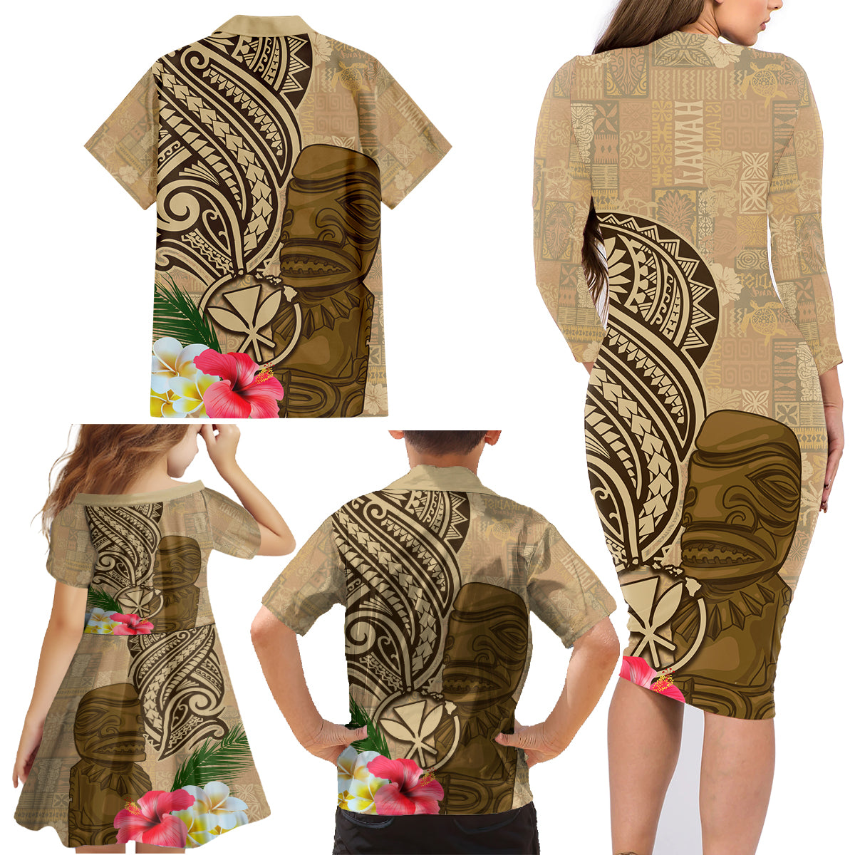 Hawaii Kanaloa Tiki Family Matching Long Sleeve Bodycon Dress and Hawaiian Shirt Polynesian Tattoo and Tapa Pattern LT03 - Polynesian Pride