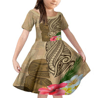 Hawaii Kanaloa Tiki Family Matching Mermaid Dress and Hawaiian Shirt Polynesian Tattoo and Tapa Pattern LT03 Daughter's Dress Beige - Polynesian Pride