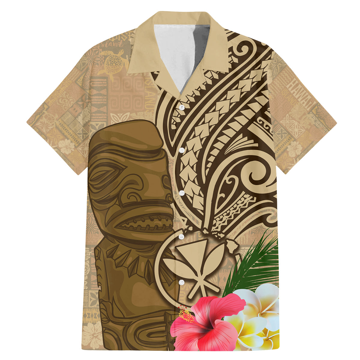 Hawaii Kanaloa Tiki Family Matching Mermaid Dress and Hawaiian Shirt Polynesian Tattoo and Tapa Pattern LT03 Dad's Shirt - Short Sleeve Beige - Polynesian Pride