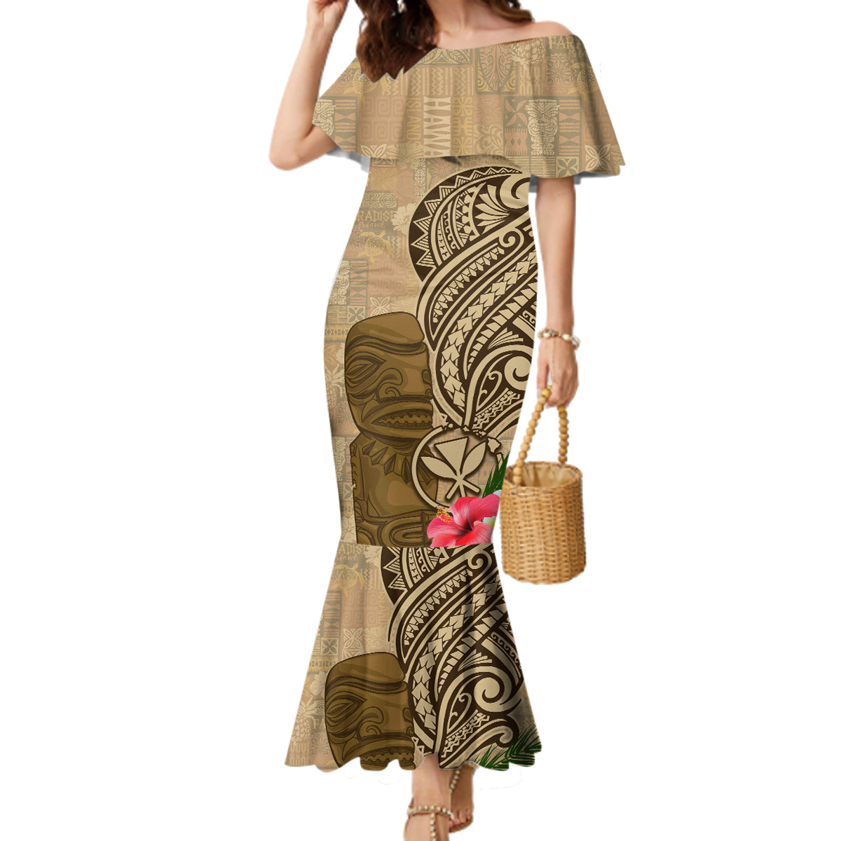Hawaii Kanaloa Tiki Family Matching Mermaid Dress and Hawaiian Shirt Polynesian Tattoo and Tapa Pattern LT03 Mom's Dress Beige - Polynesian Pride