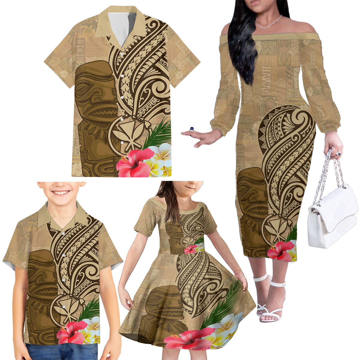 Hawaii Kanaloa Tiki Family Matching Off The Shoulder Long Sleeve Dress and Hawaiian Shirt Polynesian Tattoo and Tapa Pattern LT03 - Polynesian Pride