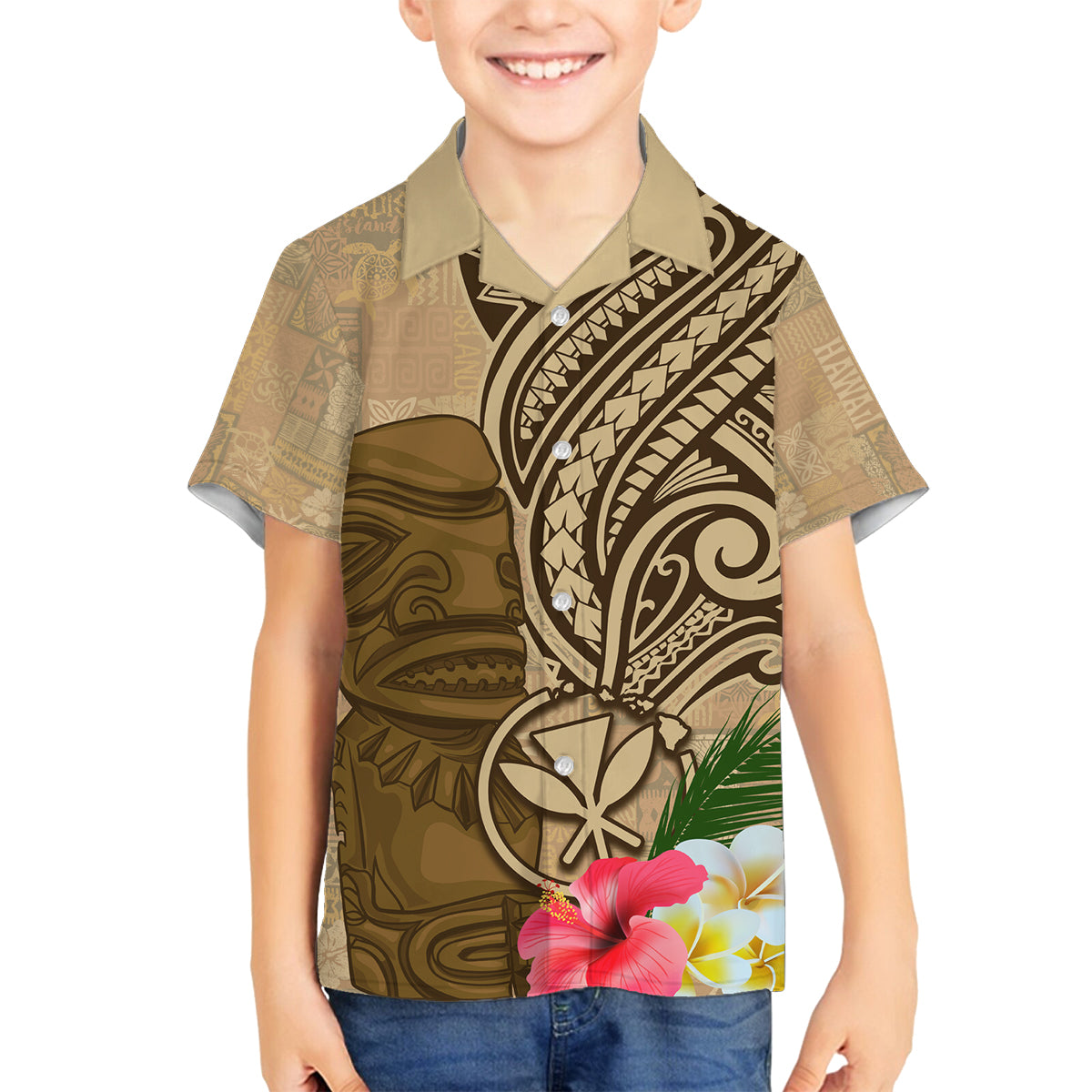 Hawaii Kanaloa Tiki Family Matching Off The Shoulder Long Sleeve Dress and Hawaiian Shirt Polynesian Tattoo and Tapa Pattern LT03 Son's Shirt Beige - Polynesian Pride