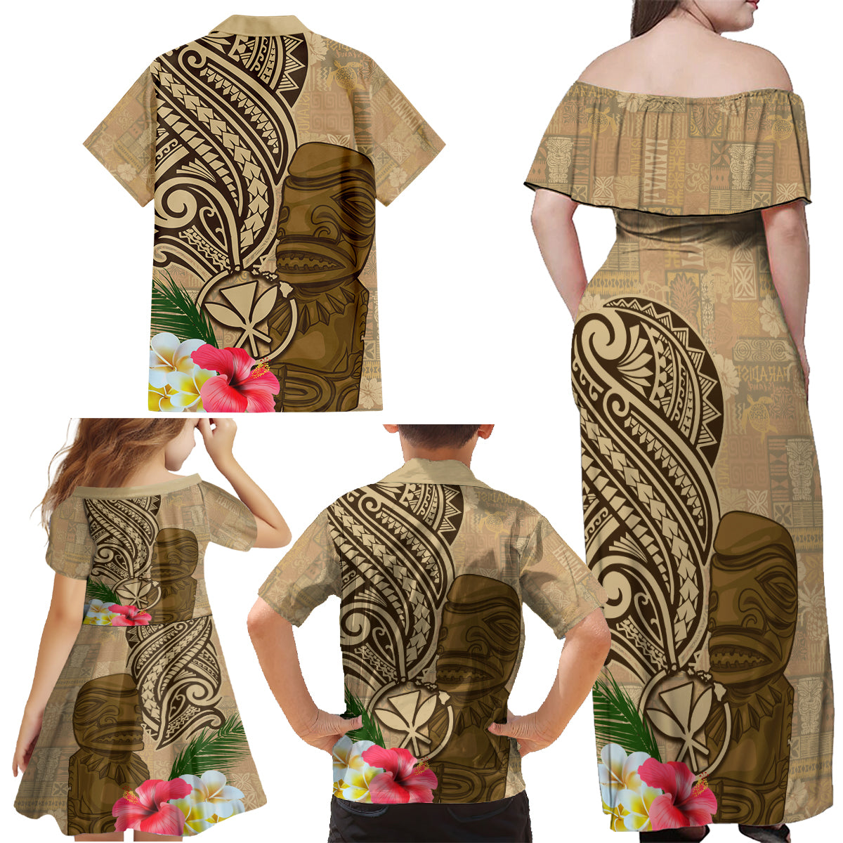 Hawaii Kanaloa Tiki Family Matching Off Shoulder Maxi Dress and Hawaiian Shirt Polynesian Tattoo and Tapa Pattern LT03 - Polynesian Pride