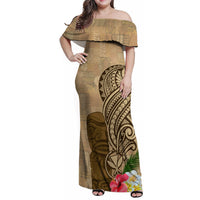 Hawaii Kanaloa Tiki Family Matching Off Shoulder Maxi Dress and Hawaiian Shirt Polynesian Tattoo and Tapa Pattern LT03 Mom's Dress Beige - Polynesian Pride