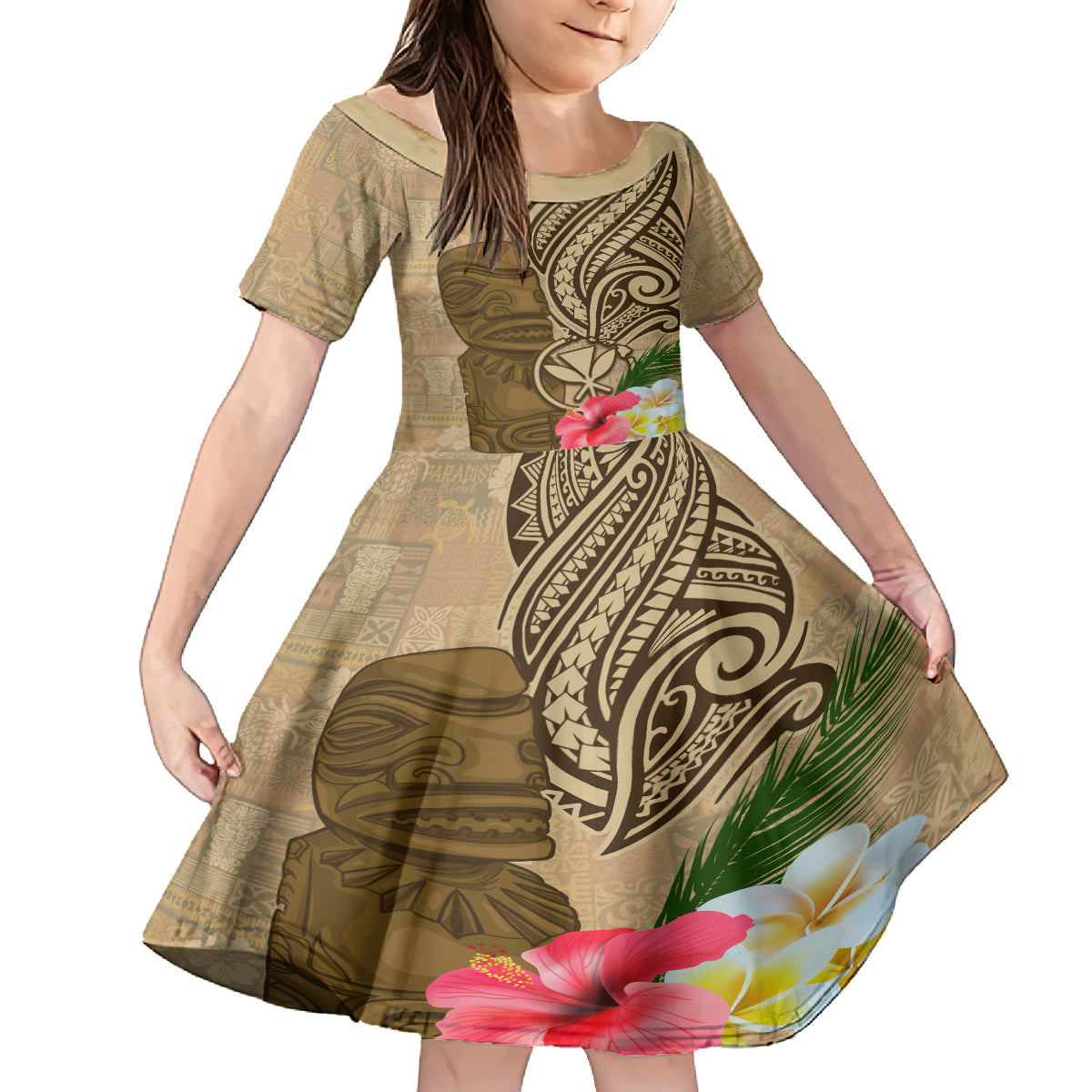 Hawaii Kanaloa Tiki Family Matching Off Shoulder Short Dress and Hawaiian Shirt Polynesian Tattoo and Tapa Pattern LT03 Daughter's Dress Beige - Polynesian Pride