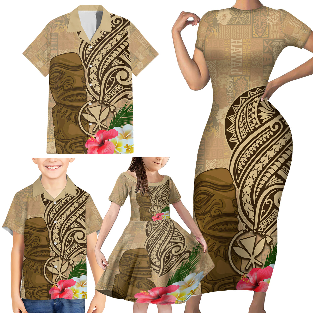 Hawaii Kanaloa Tiki Family Matching Short Sleeve Bodycon Dress and Hawaiian Shirt Polynesian Tattoo and Tapa Pattern LT03 - Polynesian Pride
