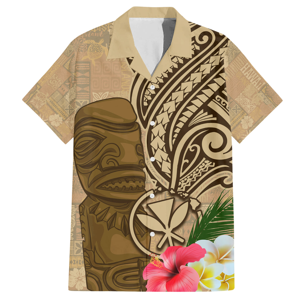 Hawaii Kanaloa Tiki Family Matching Short Sleeve Bodycon Dress and Hawaiian Shirt Polynesian Tattoo and Tapa Pattern LT03 Dad's Shirt - Short Sleeve Beige - Polynesian Pride