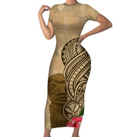 Hawaii Kanaloa Tiki Family Matching Short Sleeve Bodycon Dress and Hawaiian Shirt Polynesian Tattoo and Tapa Pattern LT03 Mom's Dress Beige - Polynesian Pride