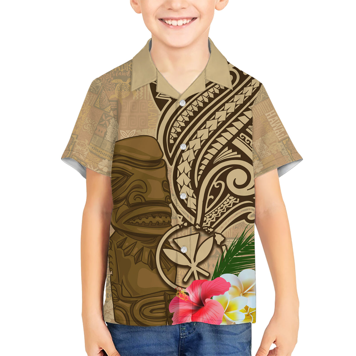 Hawaii Kanaloa Tiki Family Matching Short Sleeve Bodycon Dress and Hawaiian Shirt Polynesian Tattoo and Tapa Pattern LT03 Son's Shirt Beige - Polynesian Pride