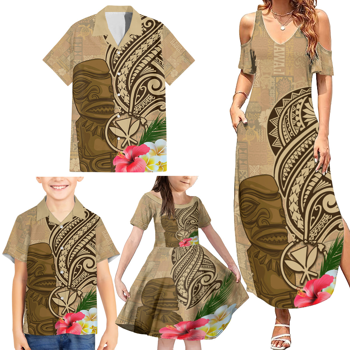 Hawaii Kanaloa Tiki Family Matching Summer Maxi Dress and Hawaiian Shirt Polynesian Tattoo and Tapa Pattern LT03 - Polynesian Pride