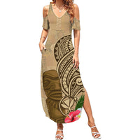 Hawaii Kanaloa Tiki Family Matching Summer Maxi Dress and Hawaiian Shirt Polynesian Tattoo and Tapa Pattern LT03 Mom's Dress Beige - Polynesian Pride