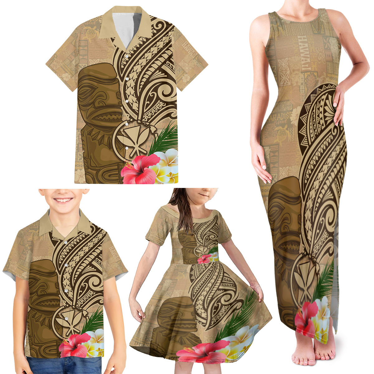 Hawaii Kanaloa Tiki Family Matching Tank Maxi Dress and Hawaiian Shirt Polynesian Tattoo and Tapa Pattern LT03 - Polynesian Pride
