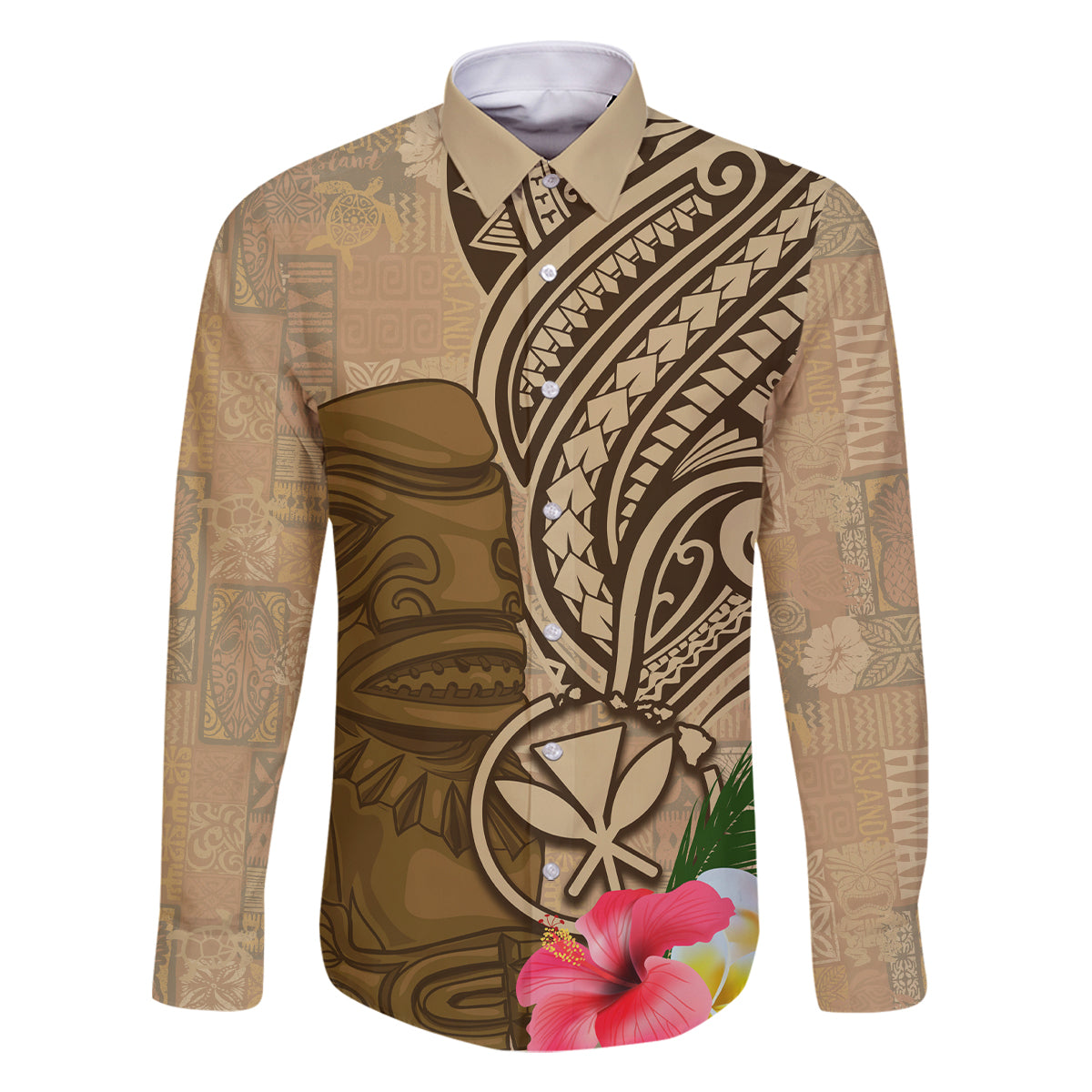 Hawaii Kanaloa Tiki Family Matching Tank Maxi Dress and Hawaiian Shirt Polynesian Tattoo and Tapa Pattern LT03 Dad's Shirt - Long Sleeve Beige - Polynesian Pride