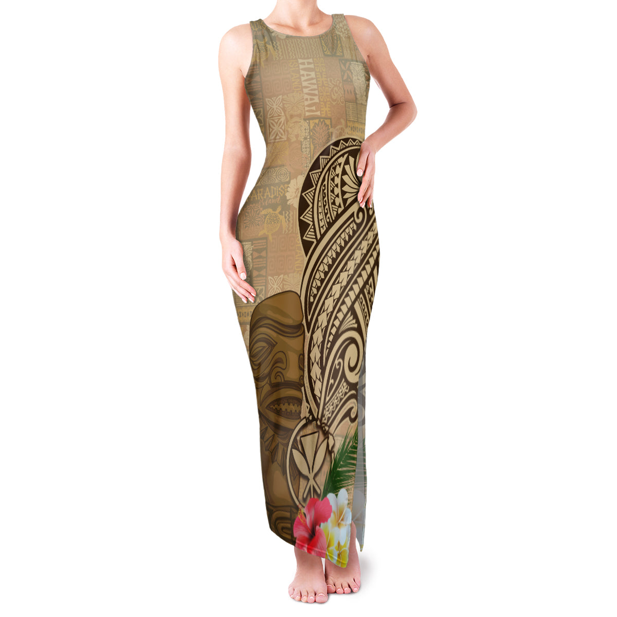 Hawaii Kanaloa Tiki Family Matching Tank Maxi Dress and Hawaiian Shirt Polynesian Tattoo and Tapa Pattern LT03 Mom's Dress Beige - Polynesian Pride