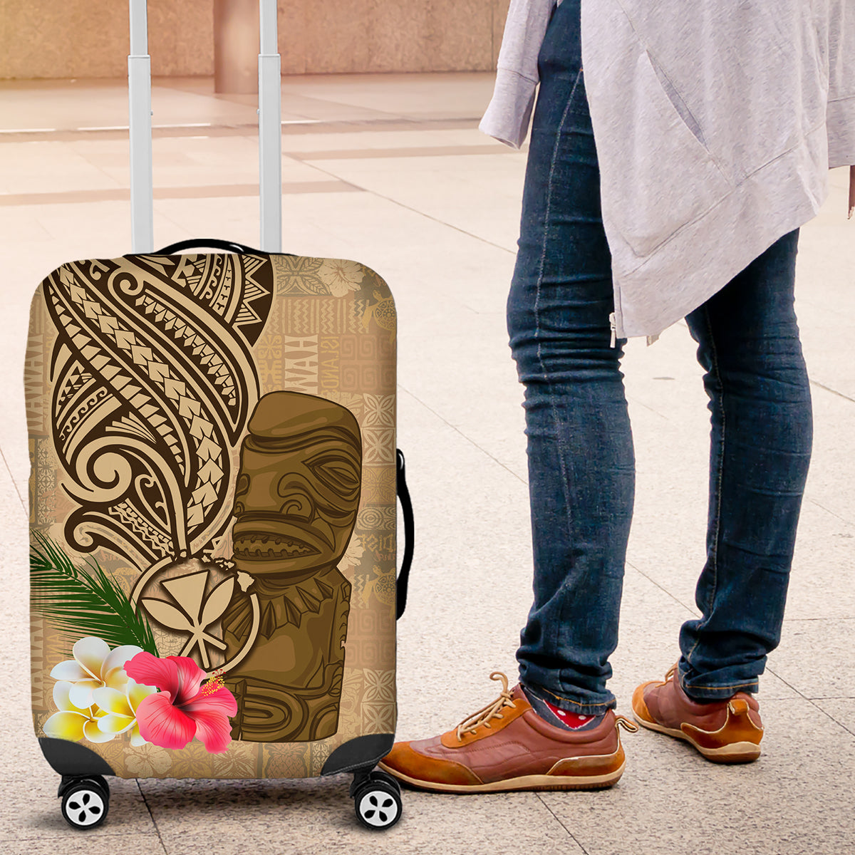 Hawaii Kanaloa Tiki Luggage Cover Polynesian Tattoo and Tapa Pattern LT03 Beige - Polynesian Pride