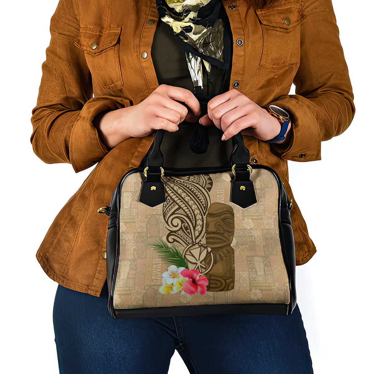 Hawaii Kanaloa Tiki Shoulder Handbag Polynesian Tattoo and Tapa Pattern