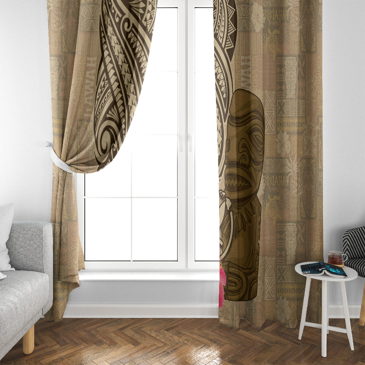 Hawaii Kanaloa Tiki Window Curtain Polynesian Tattoo and Tapa Pattern
