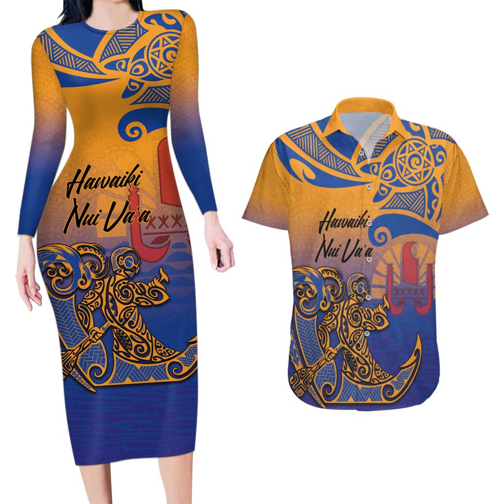 Hawaiki Nui Va'a Solo French Polynesia Couples Matching Long Sleeve Bodycon Dress and Hawaiian Shirt Sunset Color LT03 Yellow - Polynesian Pride