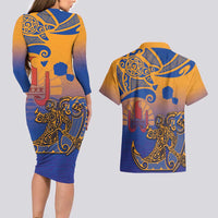 Hawaiki Nui Va'a Solo French Polynesia Couples Matching Long Sleeve Bodycon Dress and Hawaiian Shirt Sunset Color LT03 - Polynesian Pride