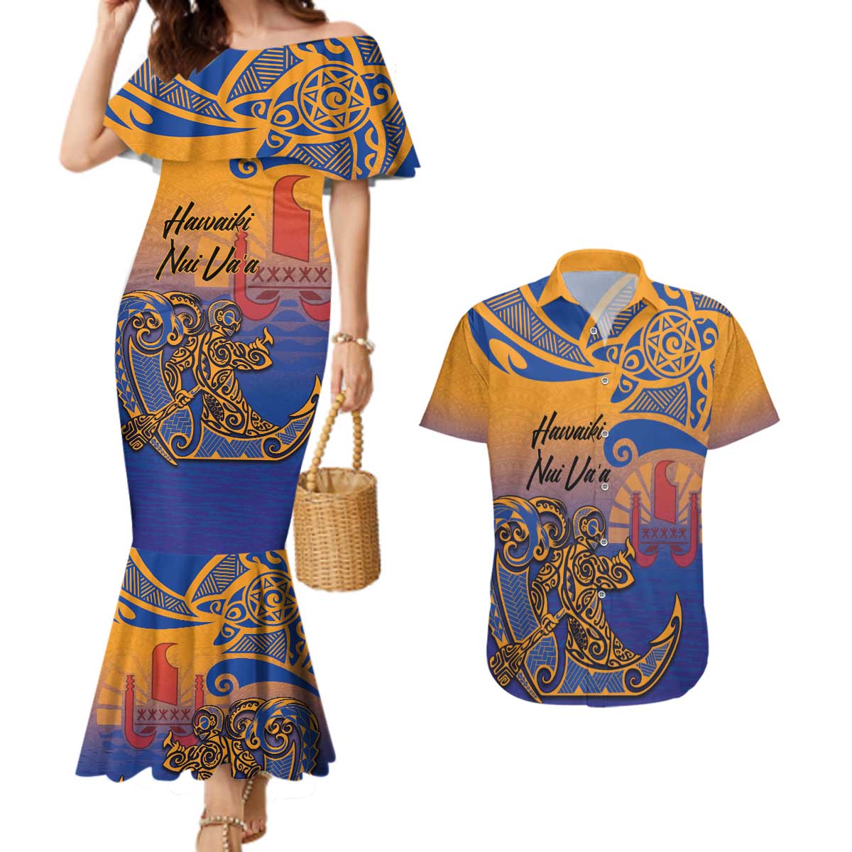 Hawaiki Nui Va'a Solo French Polynesia Couples Matching Mermaid Dress and Hawaiian Shirt Sunset Color LT03 Yellow - Polynesian Pride
