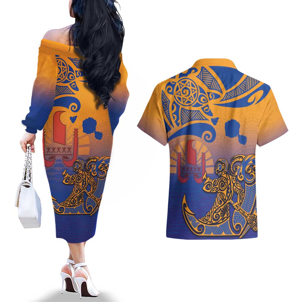 Hawaiki Nui Va'a Solo French Polynesia Couples Matching Off The Shoulder Long Sleeve Dress and Hawaiian Shirt Sunset Color LT03 - Polynesian Pride