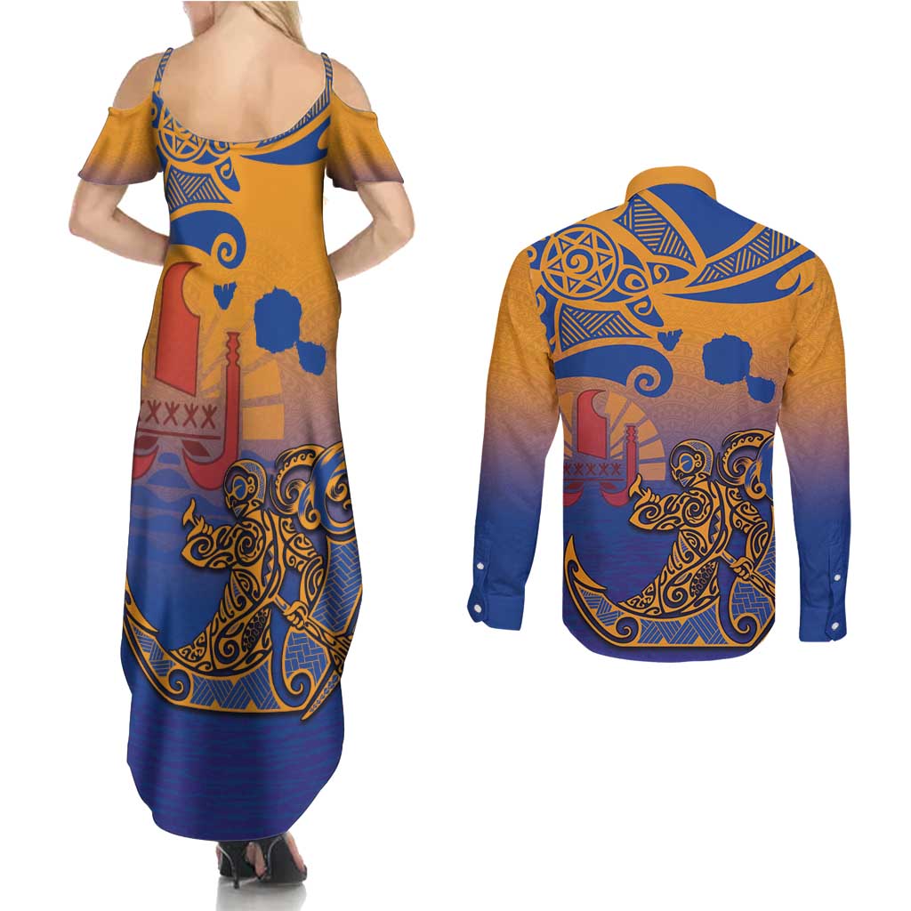 Hawaiki Nui Va'a Solo French Polynesia Couples Matching Summer Maxi Dress and Long Sleeve Button Shirt Sunset Color