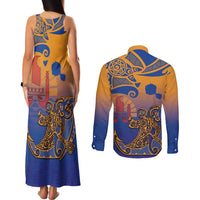 Hawaiki Nui Va'a Solo French Polynesia Couples Matching Tank Maxi Dress and Long Sleeve Button Shirt Sunset Color