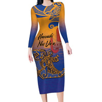 Hawaiki Nui Va'a Solo French Polynesia Family Matching Long Sleeve Bodycon Dress and Hawaiian Shirt Sunset Color LT03 Mom's Dress Yellow - Polynesian Pride