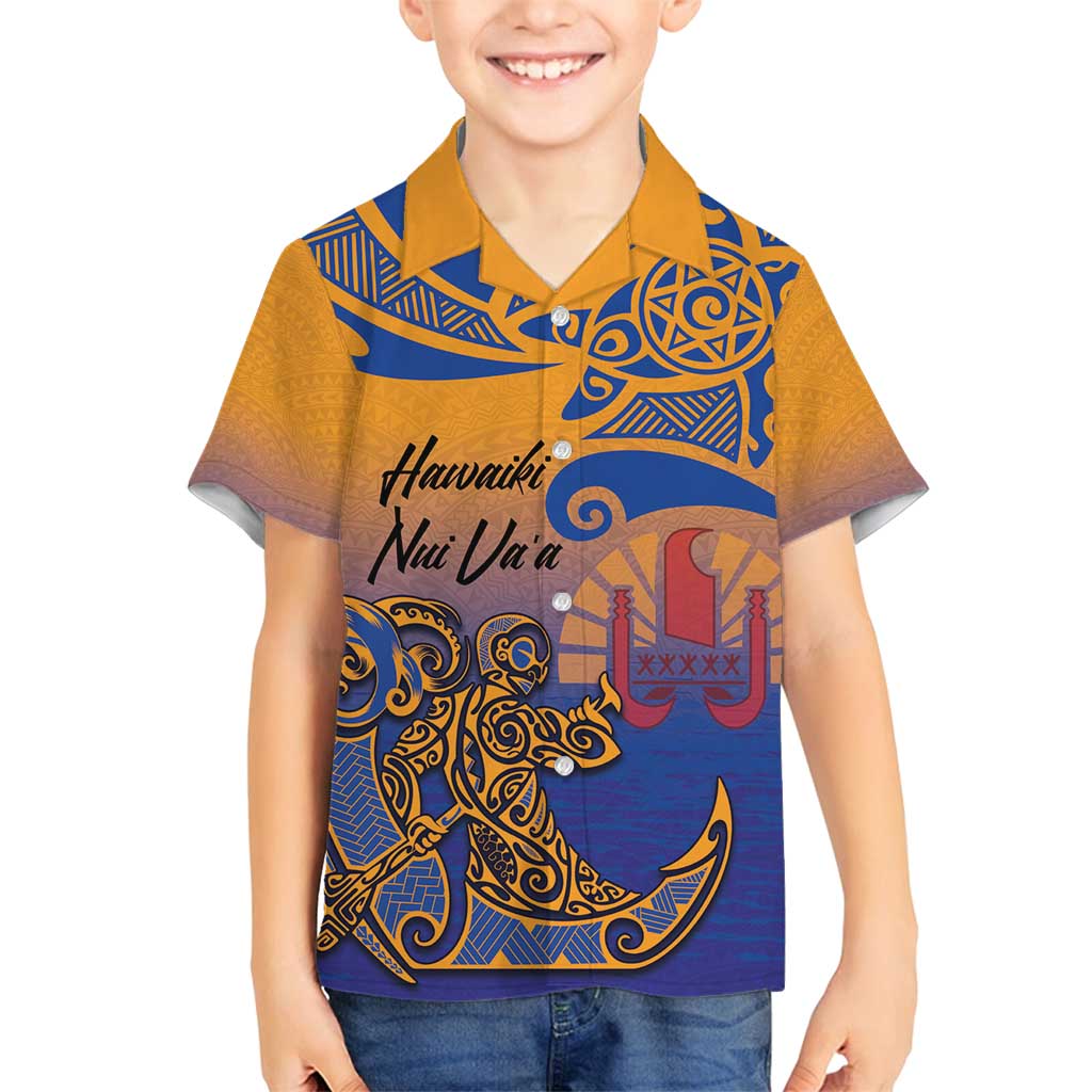 Hawaiki Nui Va'a Solo French Polynesia Family Matching Long Sleeve Bodycon Dress and Hawaiian Shirt Sunset Color LT03 Son's Shirt Yellow - Polynesian Pride