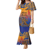 Hawaiki Nui Va'a Solo French Polynesia Family Matching Mermaid Dress and Hawaiian Shirt Sunset Color LT03 Mom's Dress Yellow - Polynesian Pride
