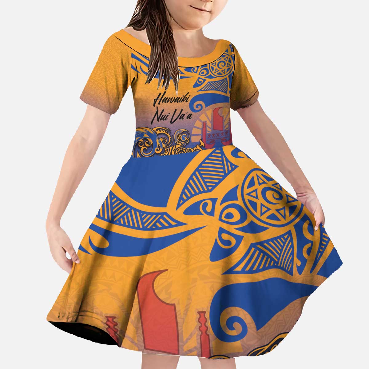 Hawaiki Nui Va'a Solo French Polynesia Family Matching Off The Shoulder Long Sleeve Dress and Hawaiian Shirt Sunset Color LT03 Daughter's Dress Yellow - Polynesian Pride