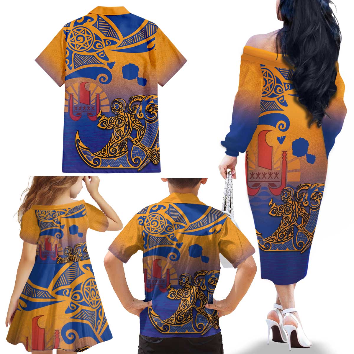 Hawaiki Nui Va'a Solo French Polynesia Family Matching Off The Shoulder Long Sleeve Dress and Hawaiian Shirt Sunset Color LT03 - Polynesian Pride
