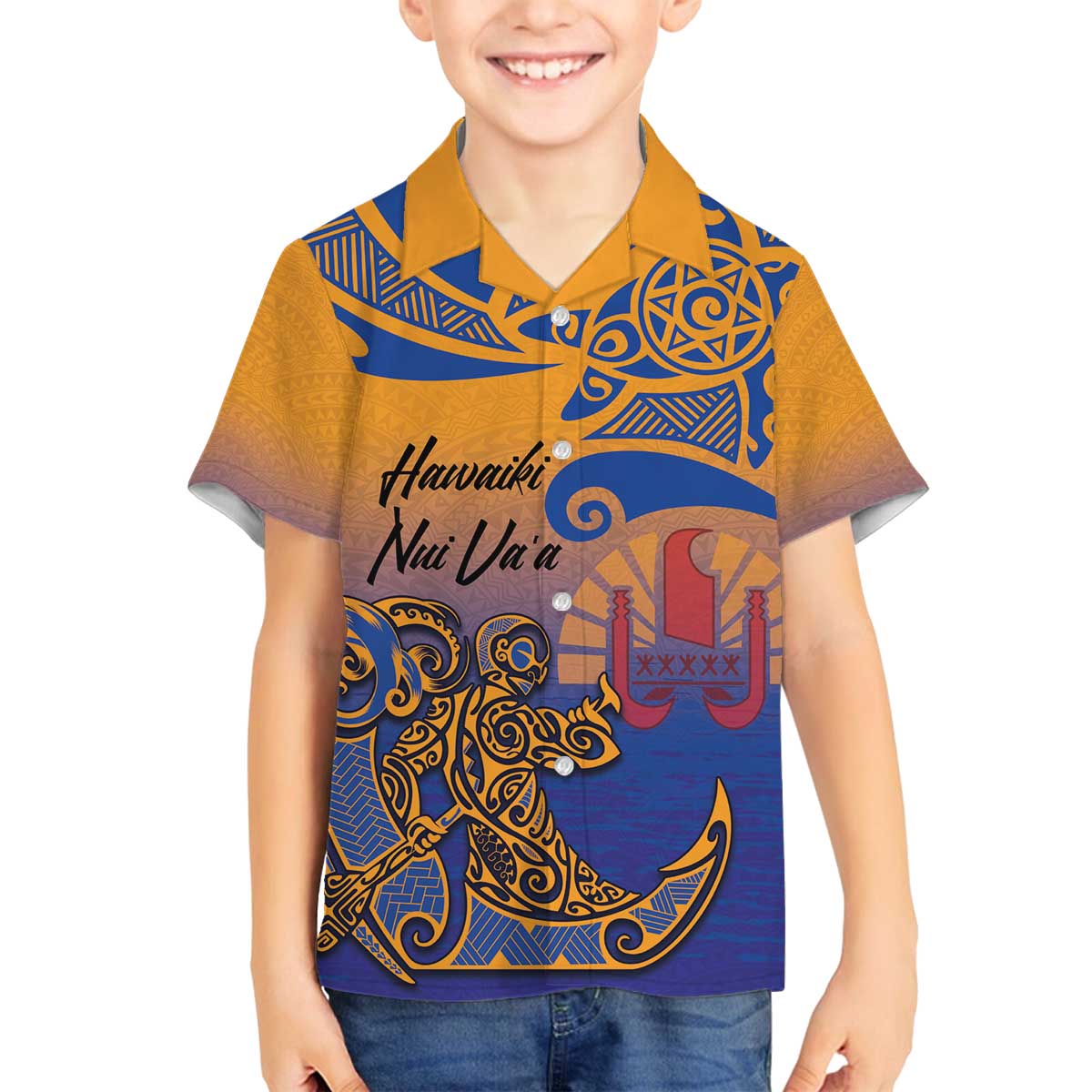 Hawaiki Nui Va'a Solo French Polynesia Family Matching Off The Shoulder Long Sleeve Dress and Hawaiian Shirt Sunset Color LT03 Son's Shirt Yellow - Polynesian Pride