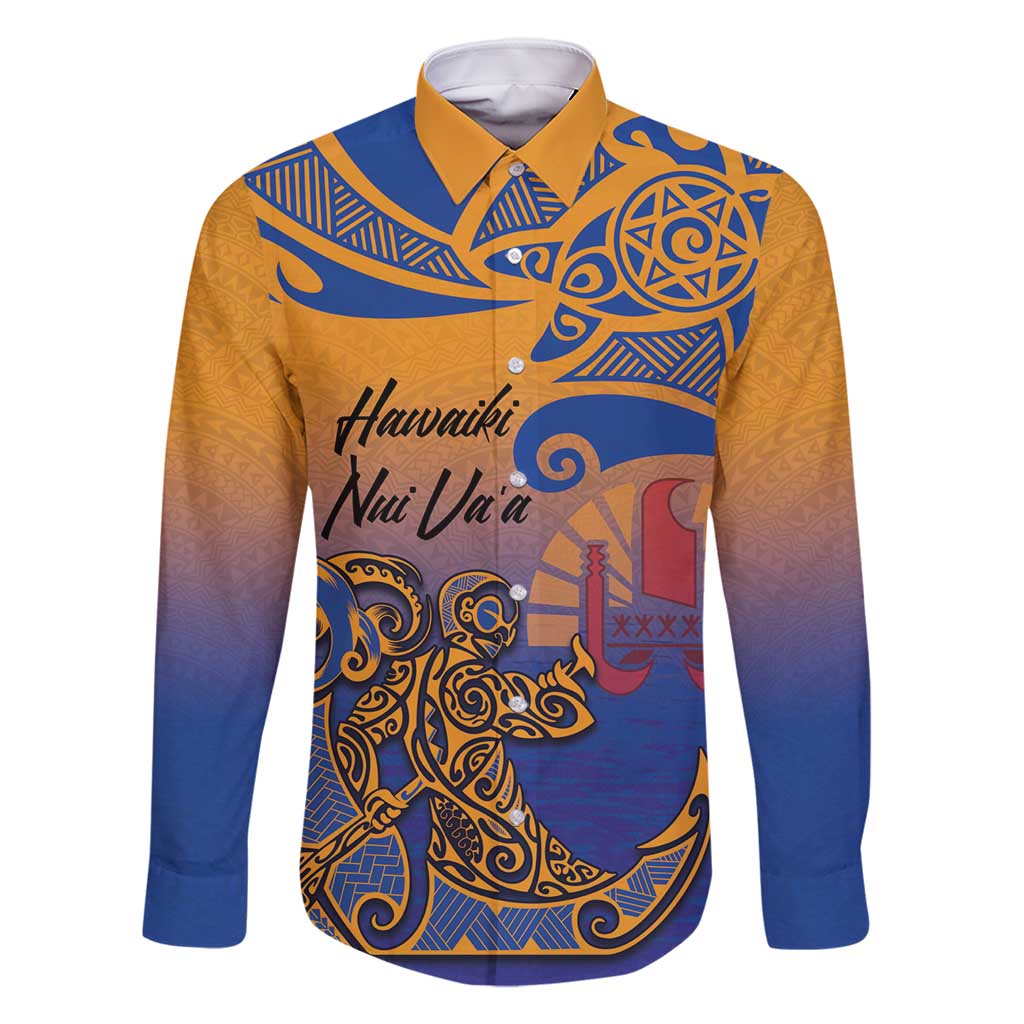 Hawaiki Nui Va'a Solo French Polynesia Family Matching Off Shoulder Maxi Dress and Hawaiian Shirt Sunset Color LT03 Dad's Shirt - Long Sleeve Yellow - Polynesian Pride