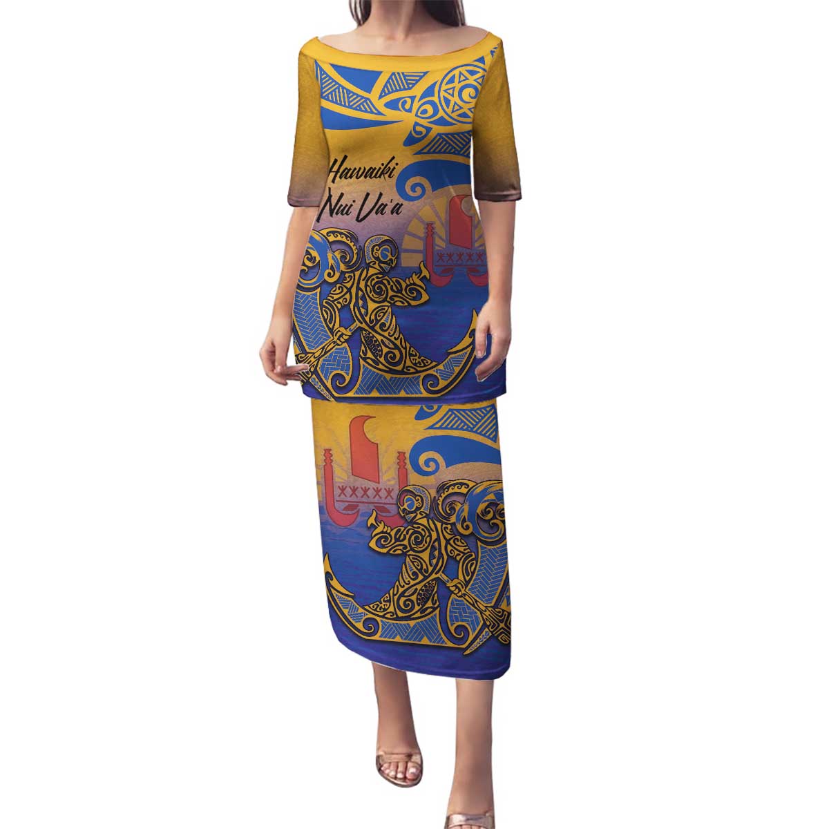 Hawaiki Nui Va'a Solo French Polynesia Family Matching Puletasi and Hawaiian Shirt Sunset Color LT03 Mom's Dress Yellow - Polynesian Pride