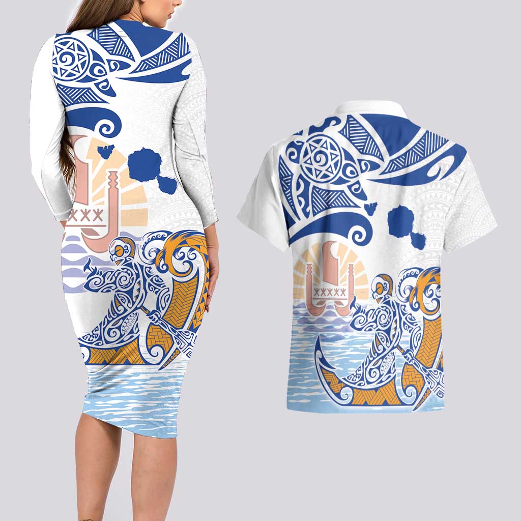 Hawaiki Nui Va'a Solo French Polynesia Couples Matching Long Sleeve Bodycon Dress and Hawaiian Shirt Blue Color LT03 - Polynesian Pride