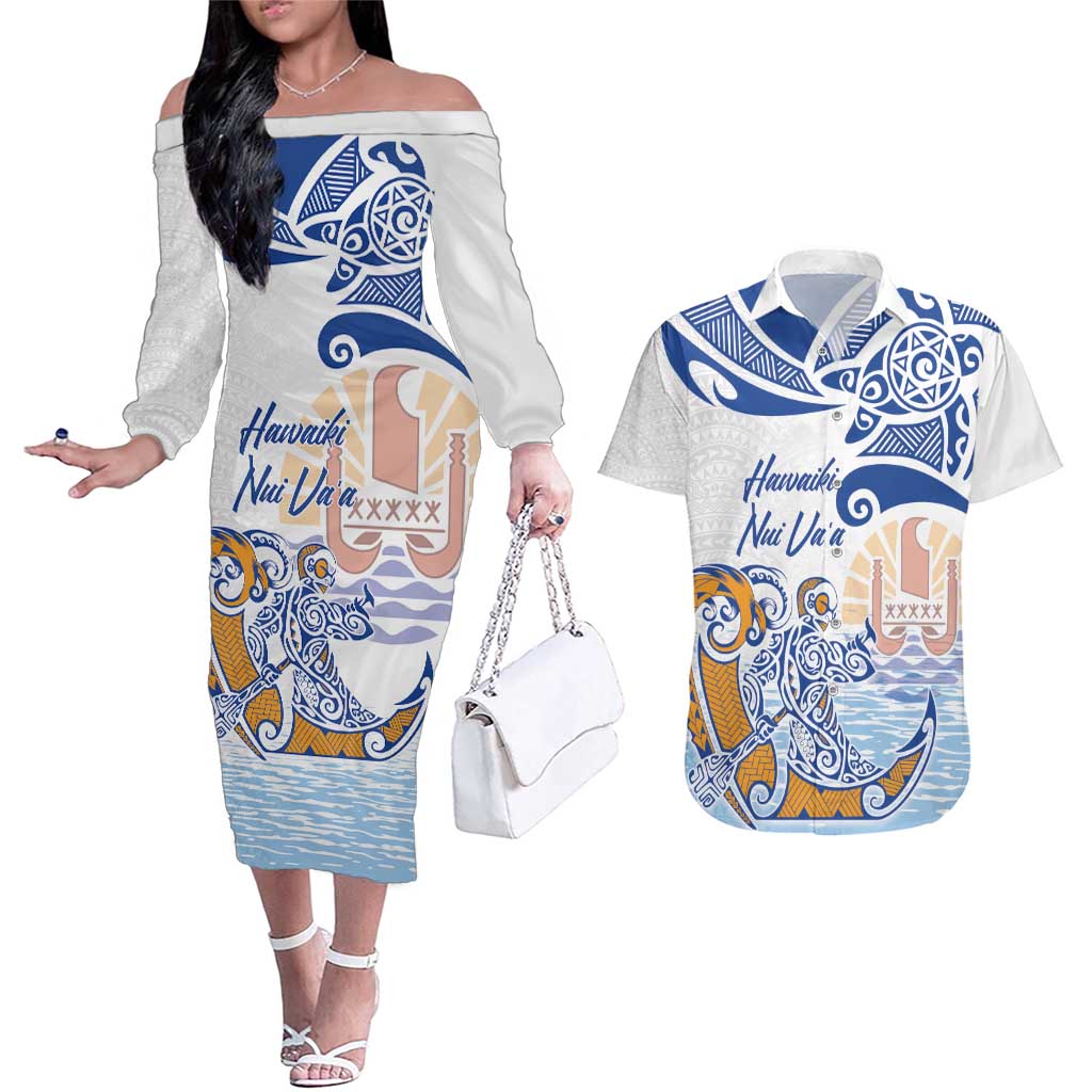 Hawaiki Nui Va'a Solo French Polynesia Couples Matching Off The Shoulder Long Sleeve Dress and Hawaiian Shirt Blue Color LT03 Blue - Polynesian Pride