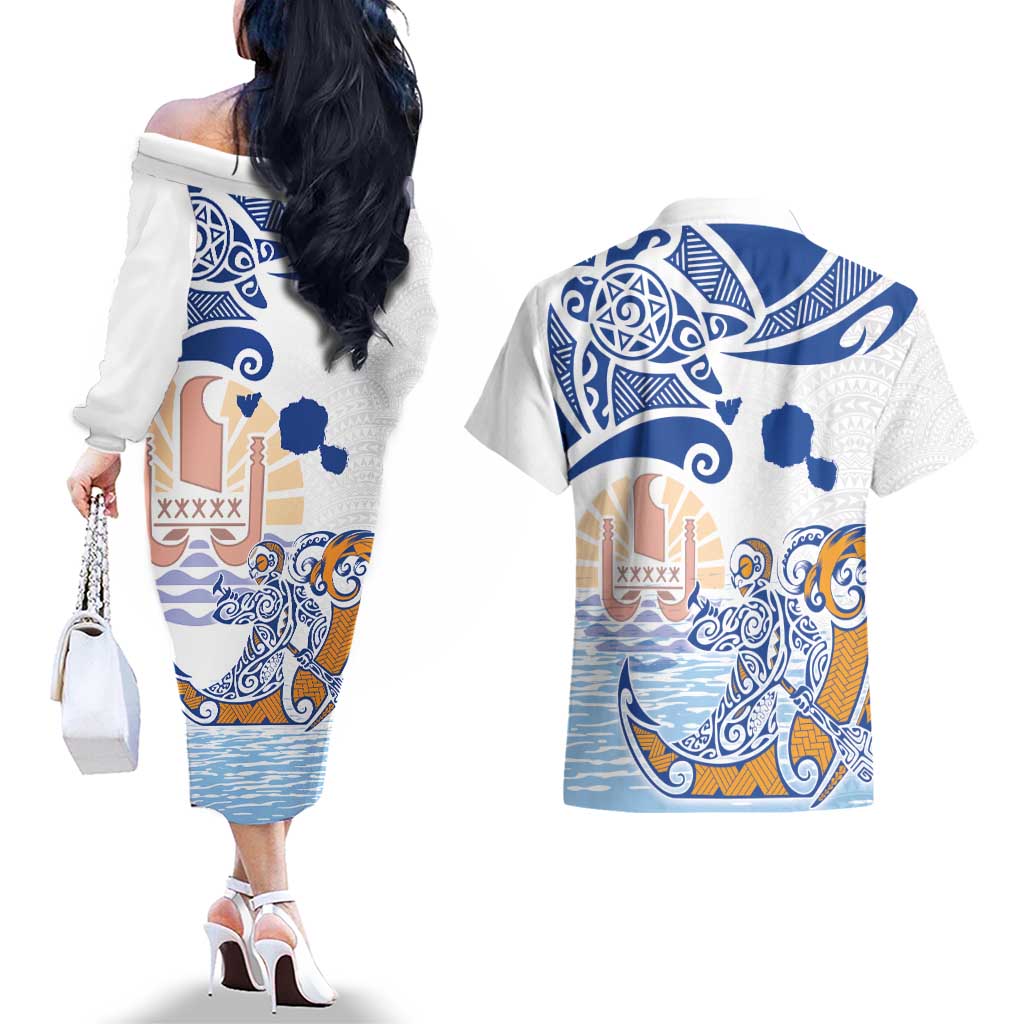 Hawaiki Nui Va'a Solo French Polynesia Couples Matching Off The Shoulder Long Sleeve Dress and Hawaiian Shirt Blue Color LT03 - Polynesian Pride
