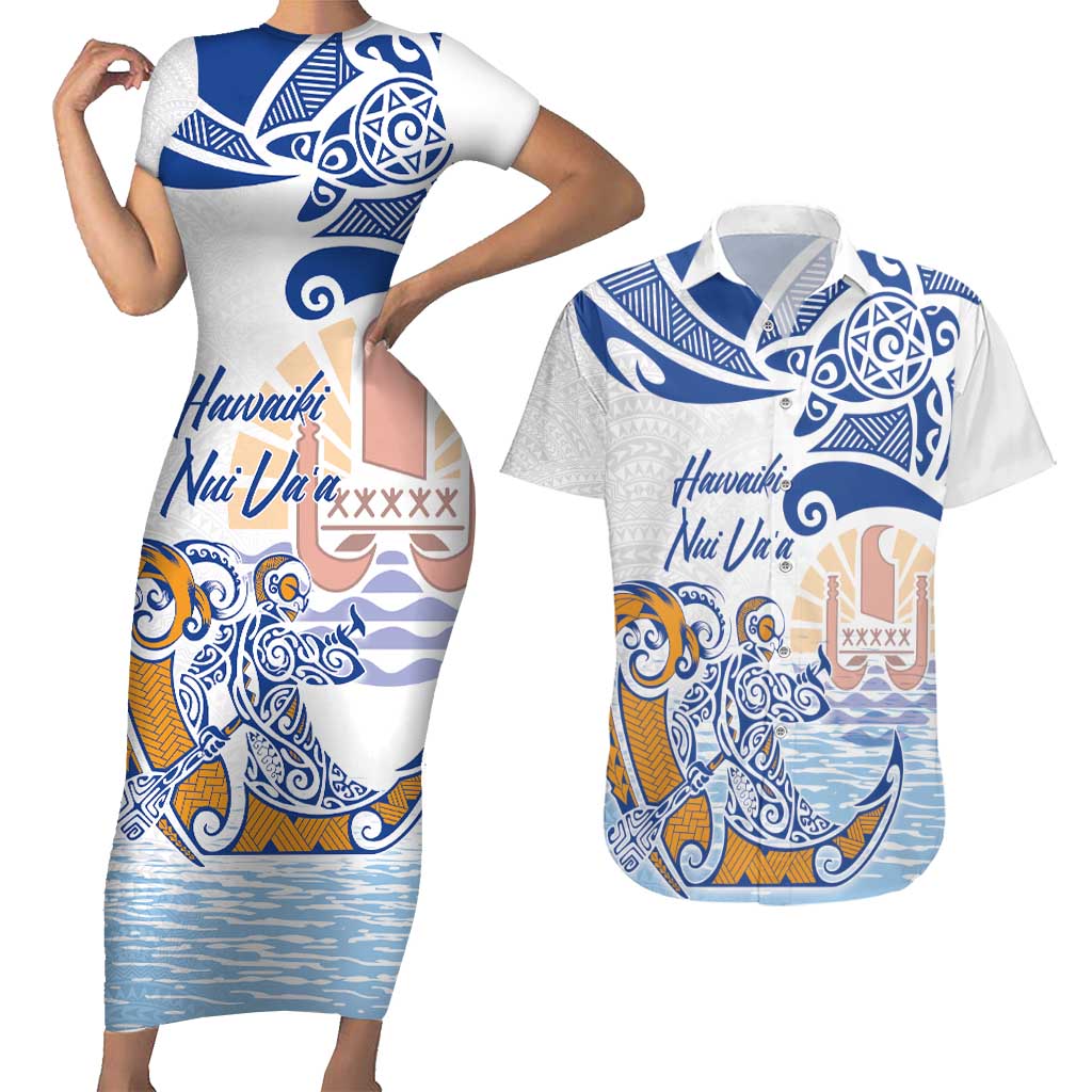 Hawaiki Nui Va'a Solo French Polynesia Couples Matching Short Sleeve Bodycon Dress and Hawaiian Shirt Blue Color LT03 Blue - Polynesian Pride