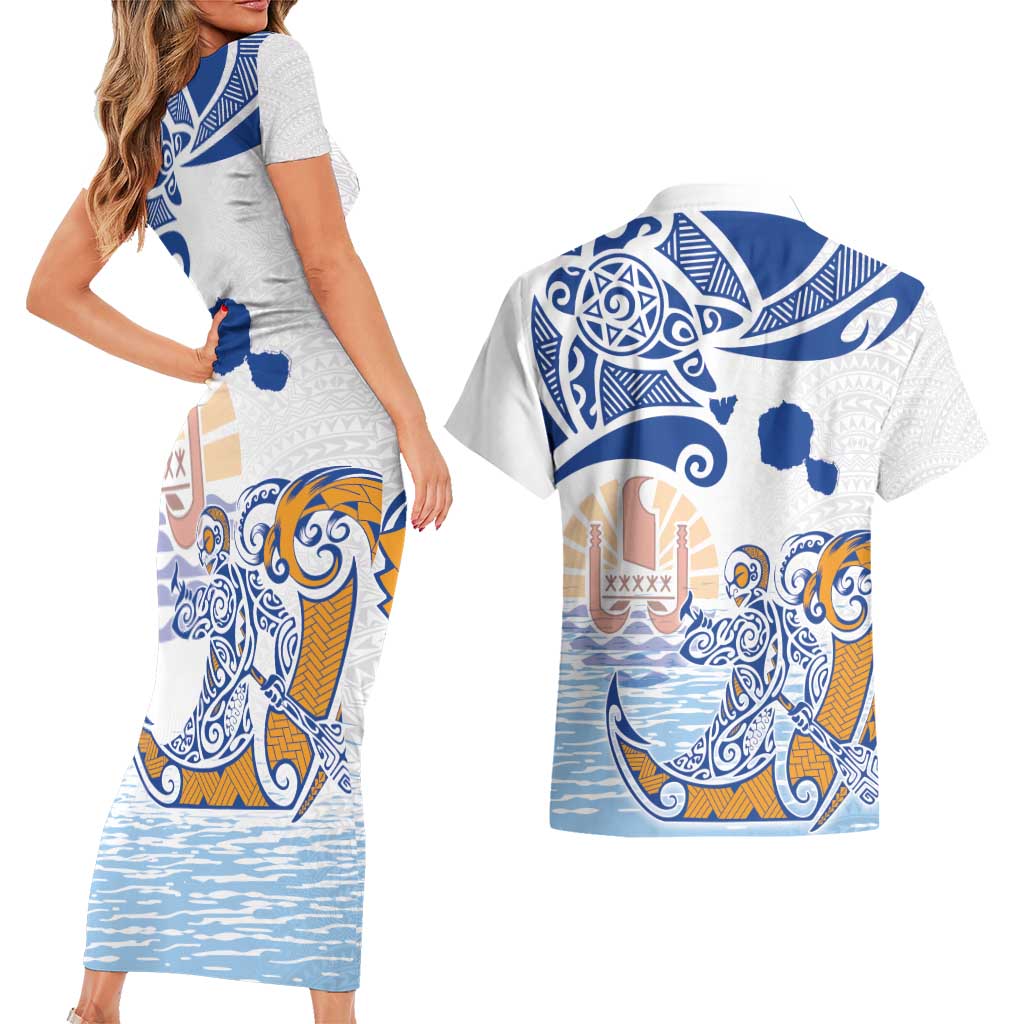 Hawaiki Nui Va'a Solo French Polynesia Couples Matching Short Sleeve Bodycon Dress and Hawaiian Shirt Blue Color LT03 - Polynesian Pride