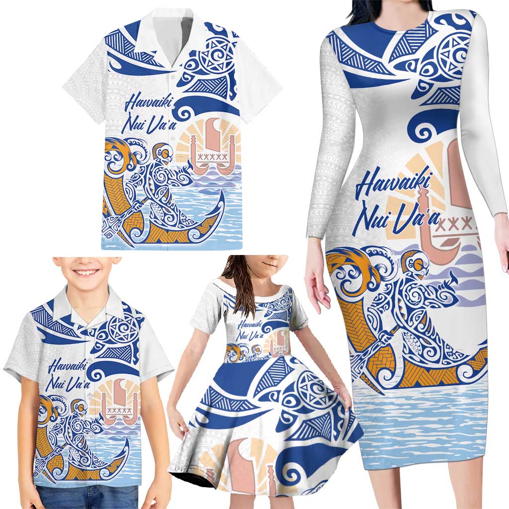 Hawaiki Nui Va'a Solo French Polynesia Family Matching Long Sleeve Bodycon Dress and Hawaiian Shirt Blue Color LT03 - Polynesian Pride
