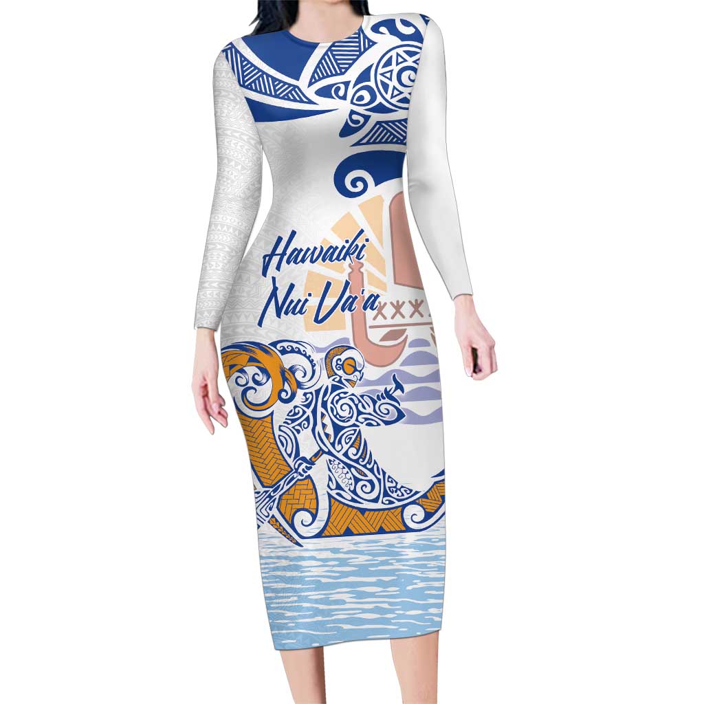 Hawaiki Nui Va'a Solo French Polynesia Family Matching Long Sleeve Bodycon Dress and Hawaiian Shirt Blue Color LT03 Mom's Dress Blue - Polynesian Pride