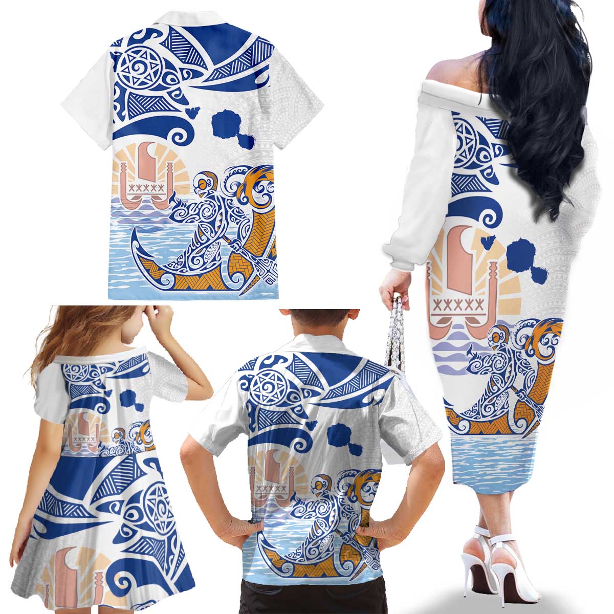 Hawaiki Nui Va'a Solo French Polynesia Family Matching Off The Shoulder Long Sleeve Dress and Hawaiian Shirt Blue Color LT03 - Polynesian Pride