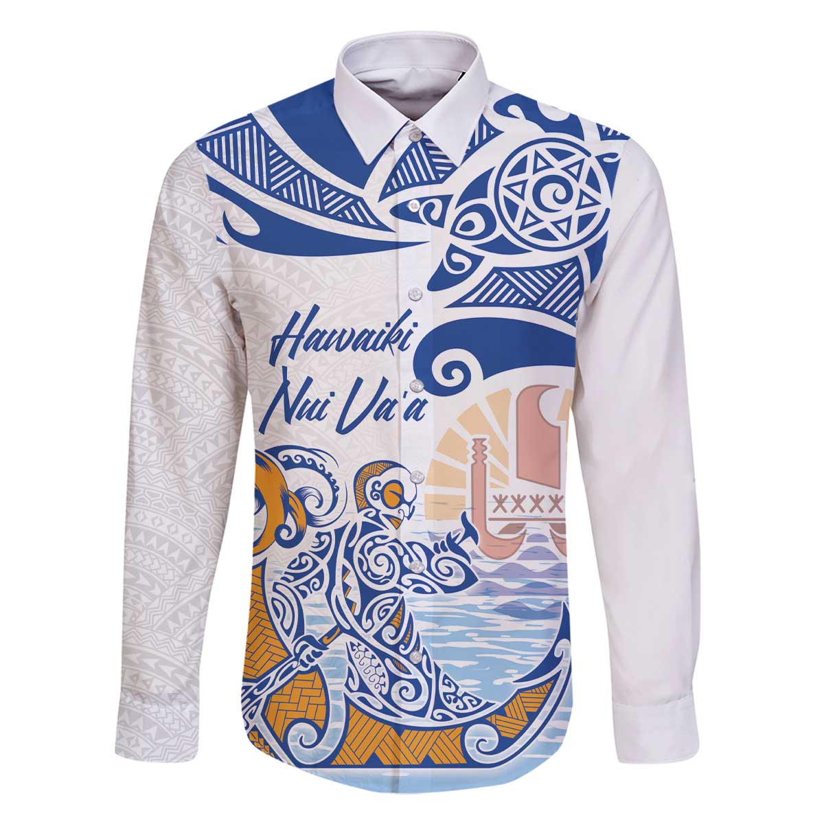 Hawaiki Nui Va'a Solo French Polynesia Family Matching Off The Shoulder Long Sleeve Dress and Hawaiian Shirt Blue Color LT03 Dad's Shirt - Long Sleeve Blue - Polynesian Pride
