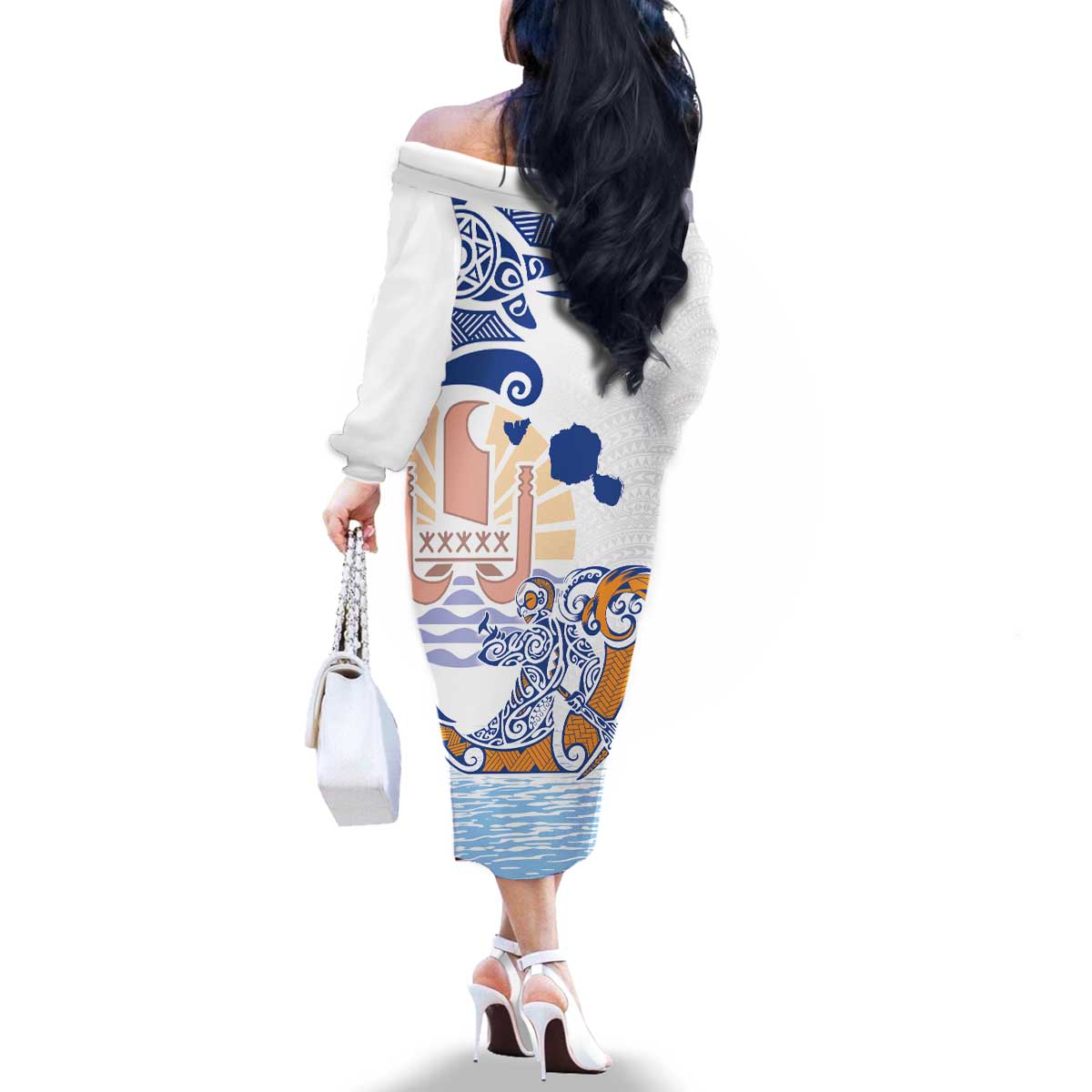 Hawaiki Nui Va'a Solo French Polynesia Family Matching Off The Shoulder Long Sleeve Dress and Hawaiian Shirt Blue Color LT03 - Polynesian Pride