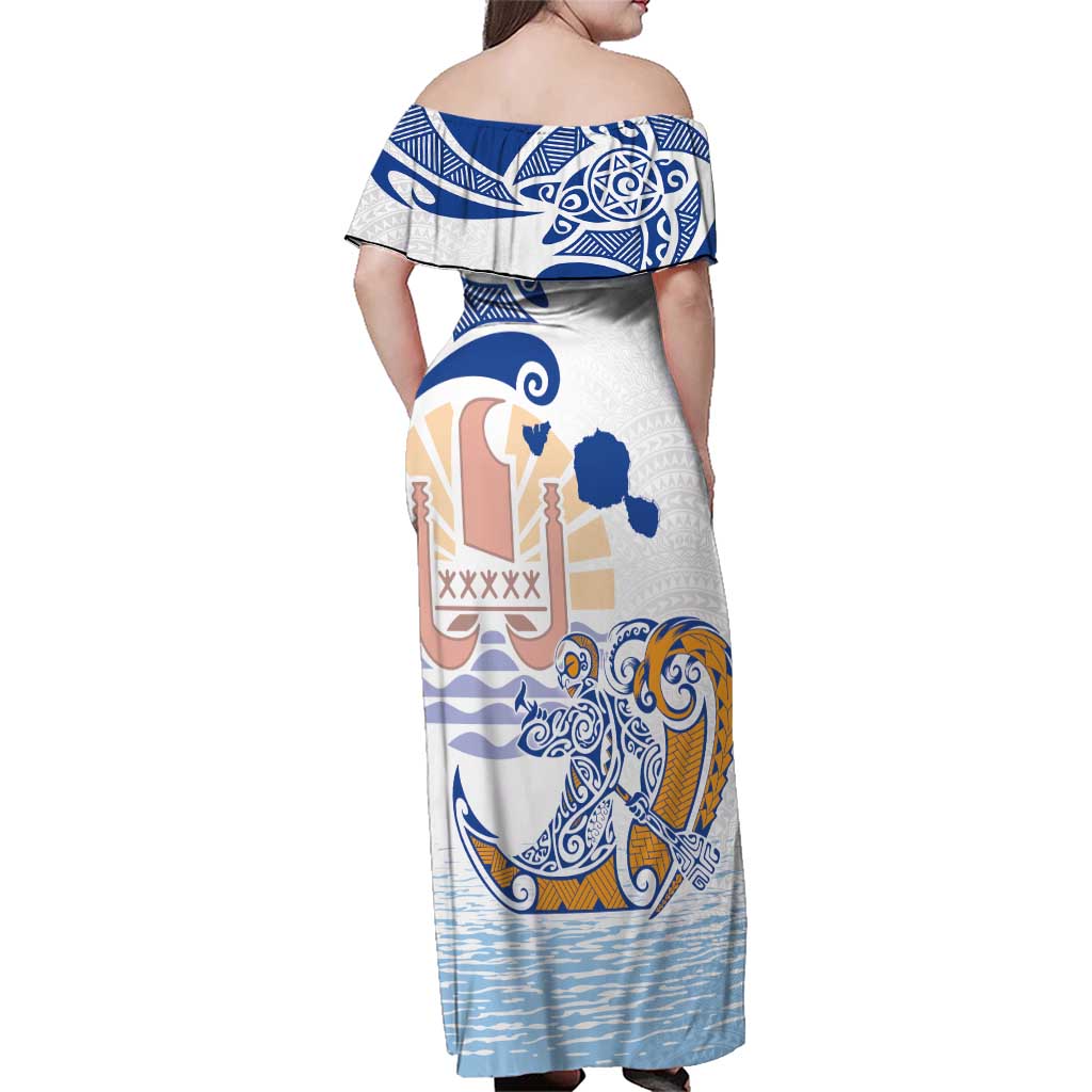 Hawaiki Nui Va'a Solo French Polynesia Family Matching Off Shoulder Maxi Dress and Hawaiian Shirt Blue Color LT03 - Polynesian Pride